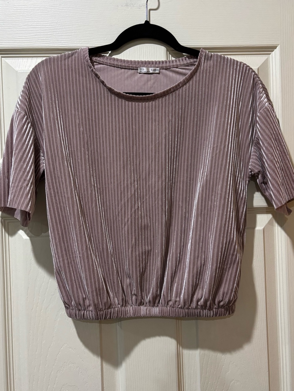 Zara Blush Ribbed Velvet Cropped Short Sleeve Top
